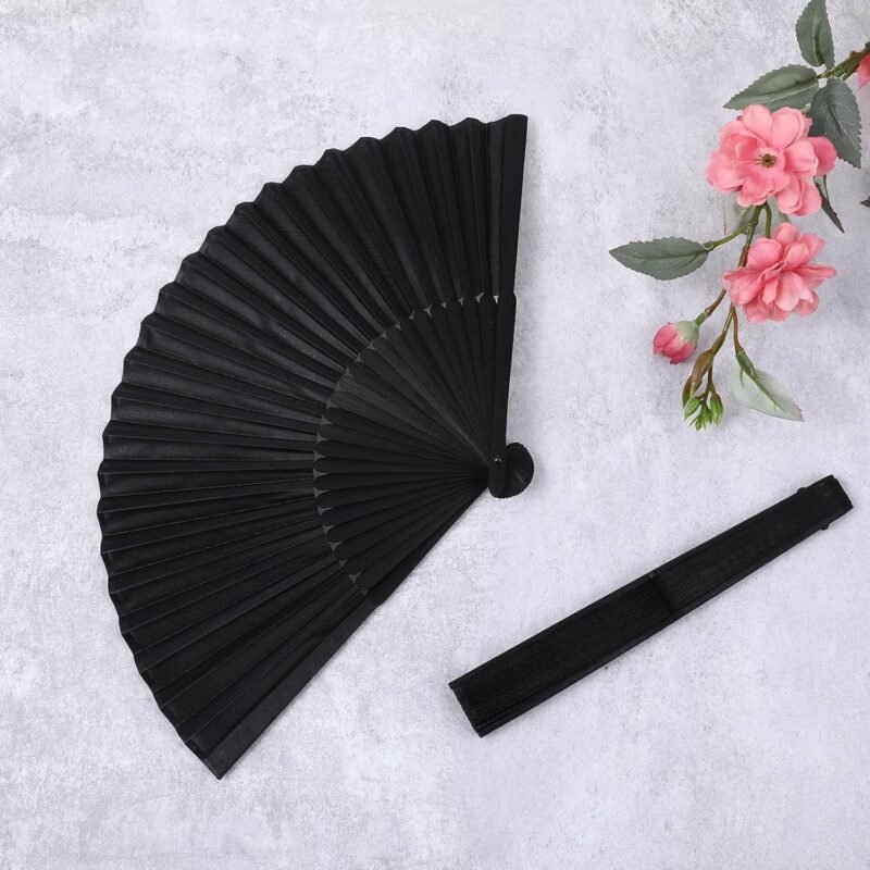 2 Pcs Folding Hand Fan, Black Nylon-Cloth Vintage Retro Fabric Hand Held Fans Chines/Spanish Foldable Fan for Women/Men Wedding Party Favor Performance Dance Home Decorations Festival Gift 15" - Image 7