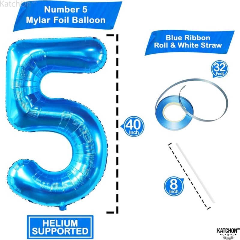 KatchOn, Giant Blue Five Balloon Number - 40 Inch | Number 5 Balloon, 5th Birthday Decorations for Boys | Blue 5 Shark number Balloons | 5 Year Old Balloon for Birthday party | Anniversary Supplies - Image 4