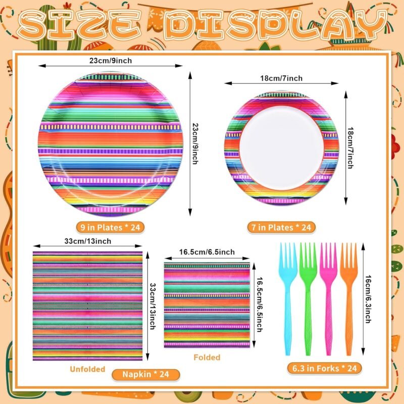 96 Pieces Mexican Fiesta Party Tableware Set - Colorful Serape Stripe Disposable Dinnerware with Paper Plates, Napkins, Plastic Forks - Cinco de Mayo, Taco Tuesday, Birthday, BBQ Party Supplies - Image 2