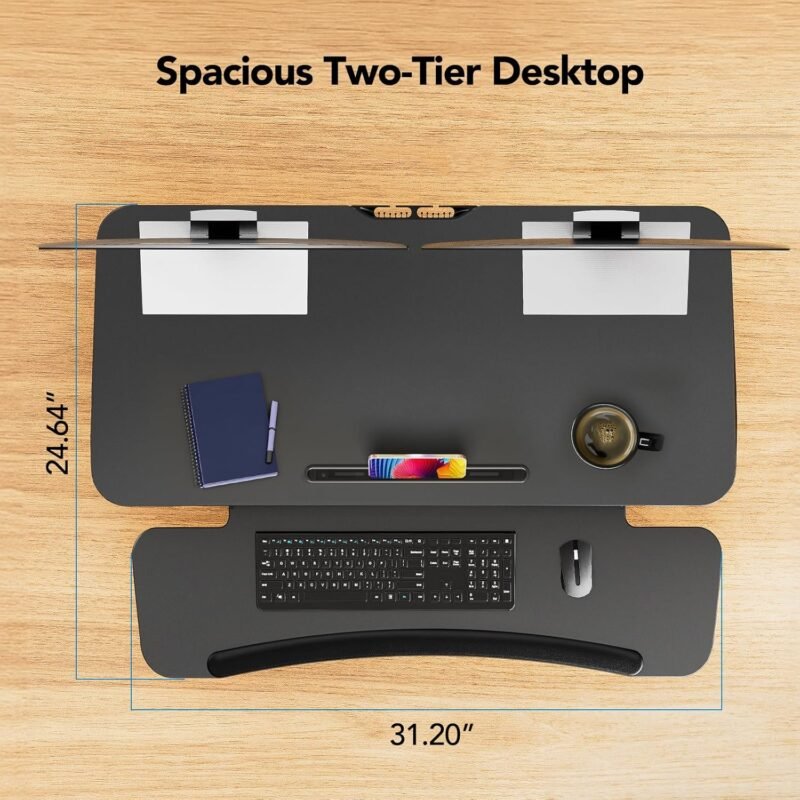 HUANUO Standing Desk Converter, 32” Sit to Stand Desk with Keyboard Tray, Height Adjustable Stand Up Desk Riser for Home Office, Dual Monitor and Laptop Workstation, Black - Image 6