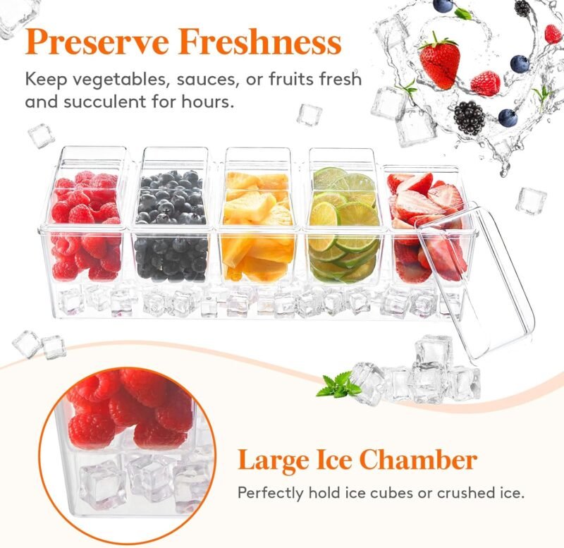 Lifewit Ice Chilled Condiment Caddy with 5 Containers(2.5 cup), Condiment Server with Separate Lids, Serving Tray Platter with Removable Dishes for Bar Accessories, Fruit, Salad, Taco, Party Garnish - Image 4
