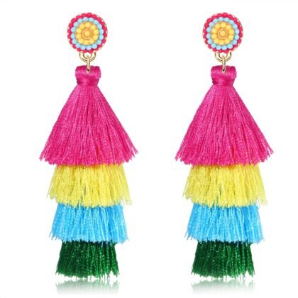 Tiered Tassel Drop Earrings Druzy Round Top Earring Studs for Women