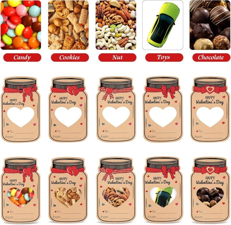 Valentines Day Gifts for Kids 60Pack Mason Jar Happy Valentines Cards Valentine Exchange Cards for Boys Girls School Class Classroom Party Favors (Candy Not Included) - Image 2