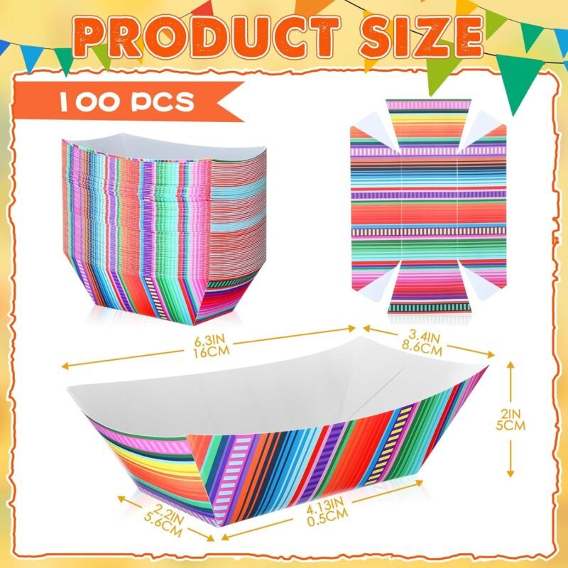 100 Pcs Mexican Nacho Trays Disposable Food Trays Fiesta Party Decorations Assembled Paper Snack Trays Taco Boats for Candy Hot Dog Cinco De Mayo Birthday Mexican Party Supplies (2 lb) - Image 2