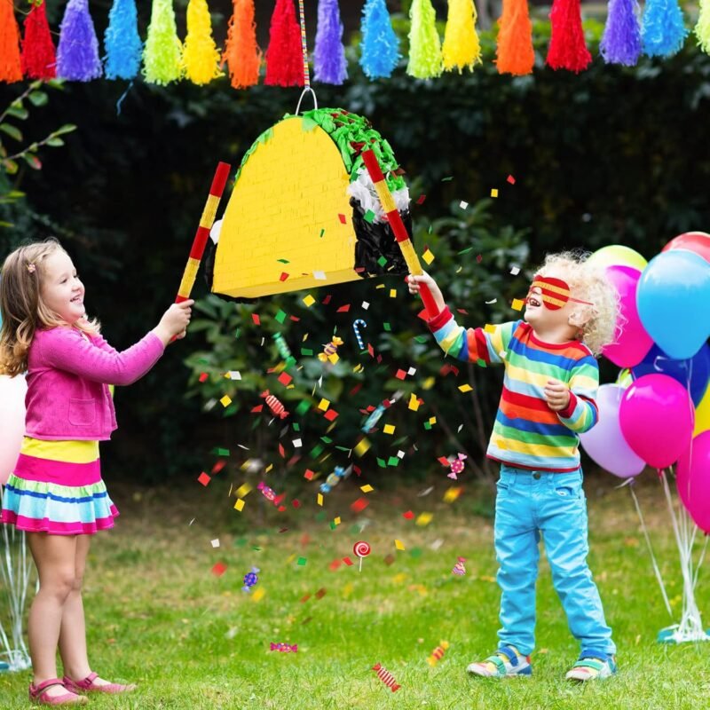 Mini Taco Piñata Mexican Decorations Taco Party Supplies Fiesta Cinco De Mayo Party Decorations with Wooden Stick Paper Blindfold Confetti Set for Adults Girls and Boys, 15.8x 10.3 x 2.8 Inch - Image 3