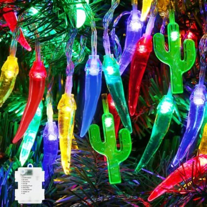 21FT [ 8 Modes & Timer ] Chili Pepper Lights 40LED Cactus String Lights Battery Operated for Indoor Outdoor Garden Pool Kitchen Garden Summer Beach Tropical Mexican Party Cinco De Mayo Decorations