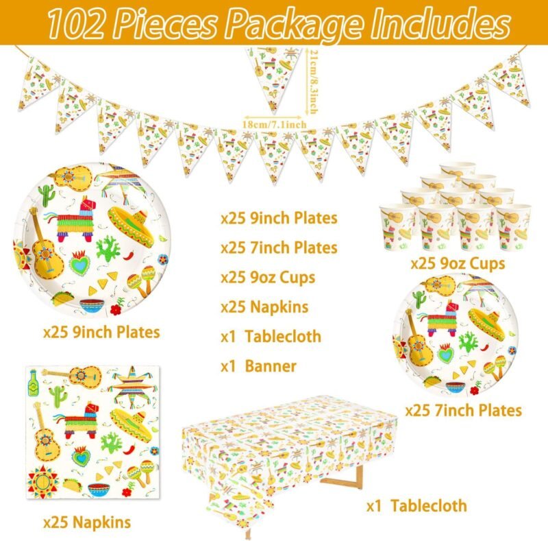Fiesta Party Supplies 102PCS Mexican Theme Cinco De Mayo Disposable Paper Tableware Set Includes 9" Plates, 7" Plates, 9oz Cups, Napkins, Tablecloth and Banner, Serves 25 - Image 3
