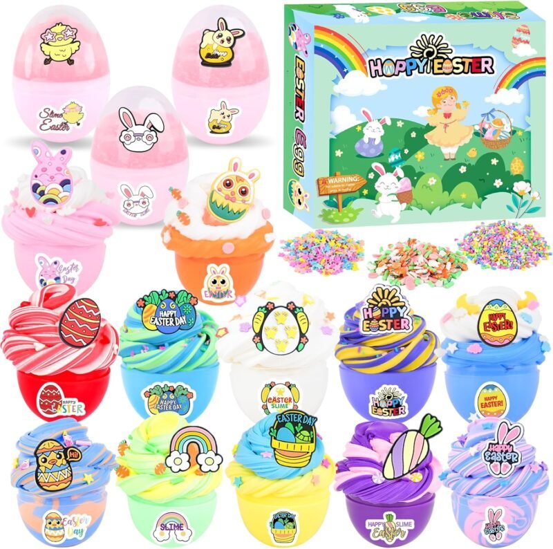 15 Pack Easter Egg Slime Kit, Fun & Stretchy Slime for Kids, Stress Relief Toy, Rabbit, Egg Charms, Easter Basket Stuffers, Birthday Gifts for Girls Boys, DIY Party Favors