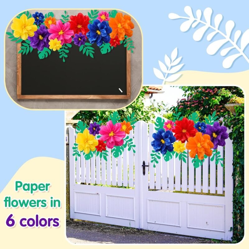 Geyee 12 Pcs 10" 20" Giant Mexican Fiesta Paper Flowers and 16 Pcs Leaves, Large Colorful Tissue Crepe Flowers Pom Poms Craft for Floral Backdrop Easter Wedding Birthday Party Decor(Elegant Color) - Image 5