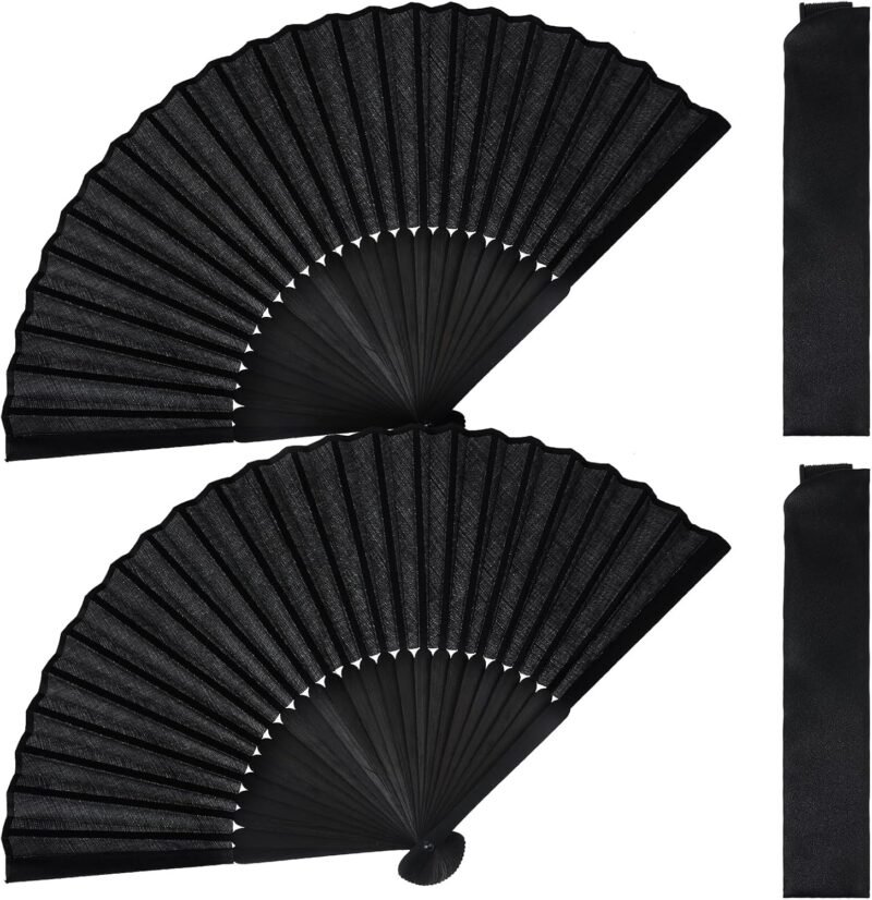 2 Pcs Folding Hand Fan, Black Nylon-Cloth Vintage Retro Fabric Hand Held Fans Chines/Spanish Foldable Fan for Women/Men Wedding Party Favor Performance Dance Home Decorations Festival Gift 15"