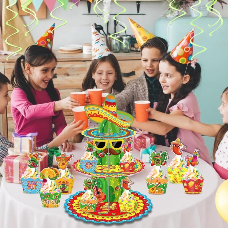 3-Tier Mexican Fiesta Cupcake Stand - 18 Inches Tall, Cactus and Sombrero Design Dessert Stand Holder Display for Cinco de Mayo, Taco Party Supplies, Birthday, and Mexican Theme Decorations - Image 6