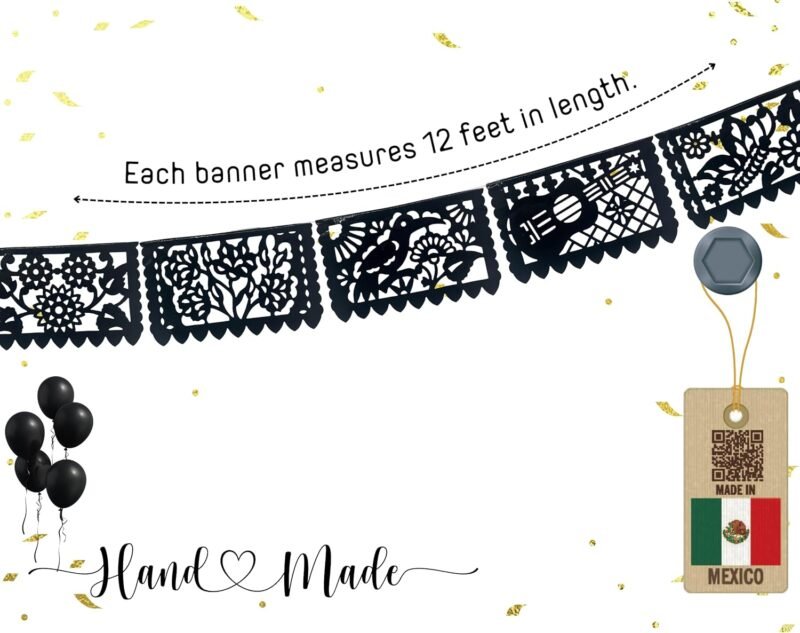 Mexican banners for fiesta party, Black Papel Picado Banner Plastic, Picado flags ideal for indoor and outdoor Mexican party decorations, Mexican weddings 3 pack - Image 3
