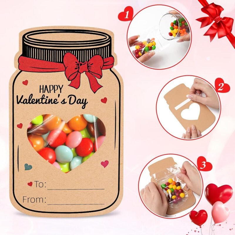 Valentines Day Gifts for Kids 60Pack Mason Jar Happy Valentines Cards Valentine Exchange Cards for Boys Girls School Class Classroom Party Favors (Candy Not Included) - Image 6