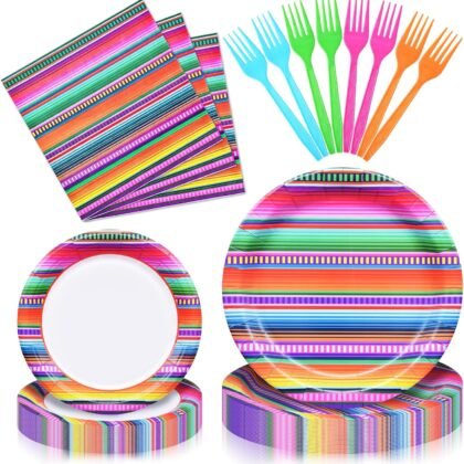 96 Pieces Mexican Fiesta Party Tableware Set - Colorful Serape Stripe Disposable Dinnerware with Paper Plates, Napkins, Plastic Forks - Cinco de Mayo, Taco Tuesday, Birthday, BBQ Party Supplies