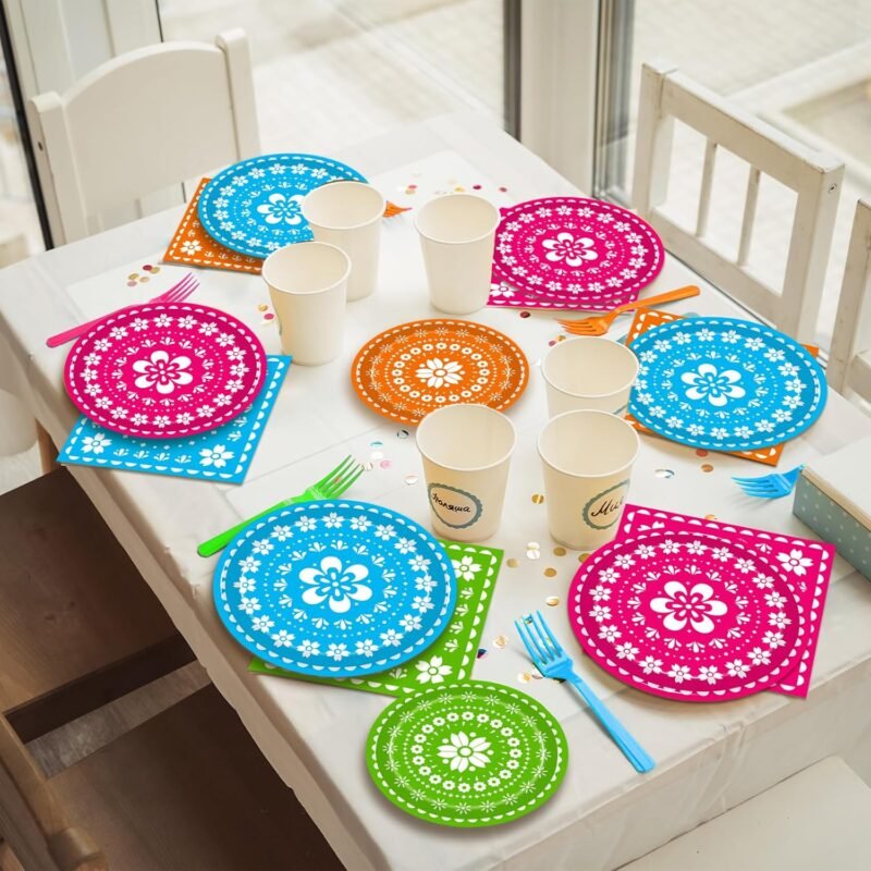 96 Pcs Fiesta Party Plates, Mexican Cinco De Mayo Party Decorations Supplies Mexican Papel Picado Disposable Paper Plates Napkins for Taco Carnival Birthday Baby Shower Tableware, Serves 24 - Image 5