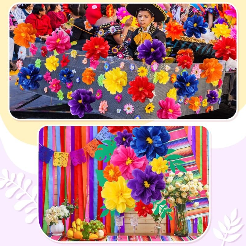 Geyee 12 Pcs 10" 20" Giant Mexican Fiesta Paper Flowers and 16 Pcs Leaves, Large Colorful Tissue Crepe Flowers Pom Poms Craft for Floral Backdrop Easter Wedding Birthday Party Decor(Elegant Color) - Image 6