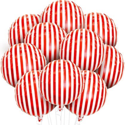 KatchOn, Red and White Striped Balloons - 18 Inch, Pack of 10 | Carnival Balloons for Carnival Decorations | 4D Striped Circus Balloons | Red and White Balloons for Carnival Theme Party Decorations