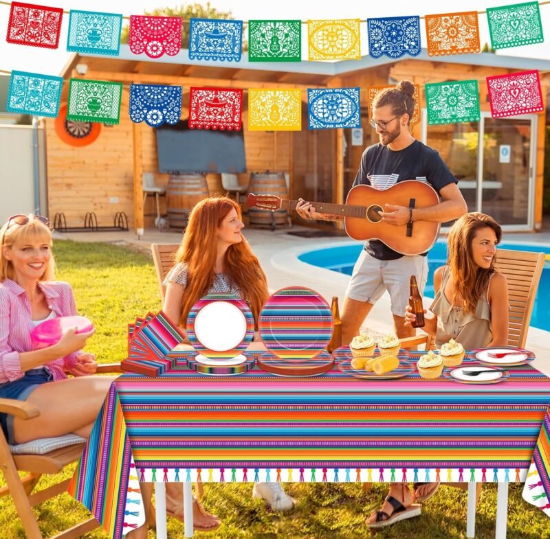 Qyeahkj 119 Pcs Mexican Fiesta Party Supplies Set Includes Cinco De Mayo Mexico Serape Plates, Napkins, Forks, Tablecloth, Banners, Colorful Stripes Tableware for Dance Pinata Taco Party, Serve 25 - Image 5