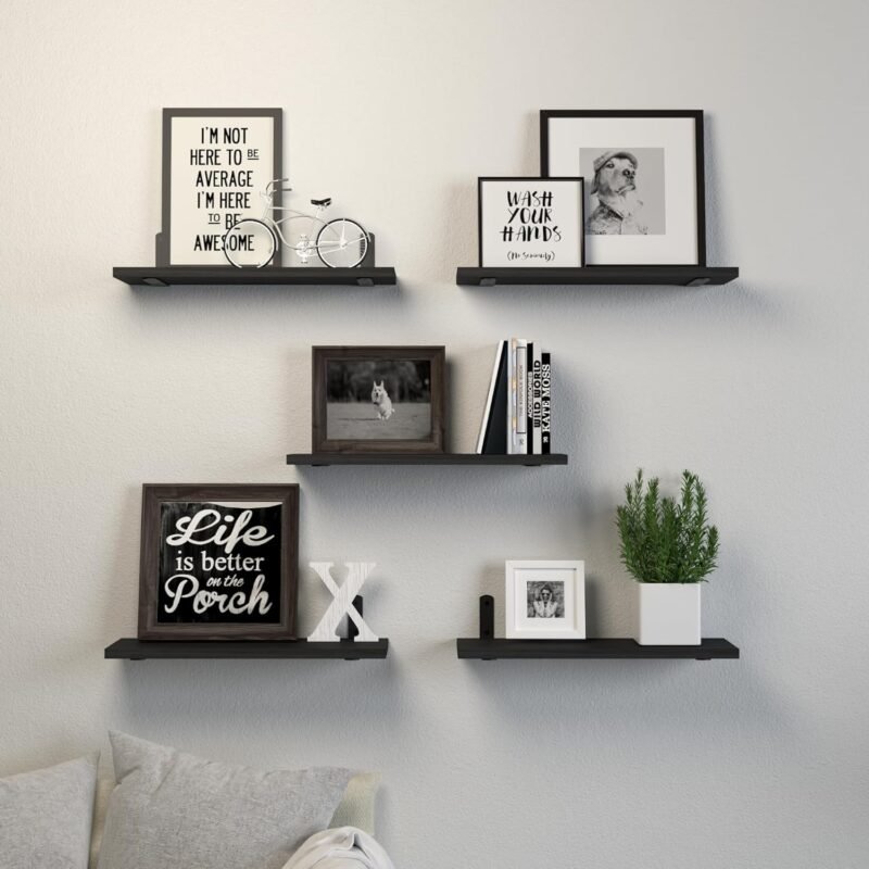 Floating Shelves, 5 Sets Wall Shelves, Wood Floating Shelves for Bedroom Wall Décor, Wall Mounted Floating Bathroom Shelf for Storage, Floating Book Shelf, Living Room – Black - Image 6