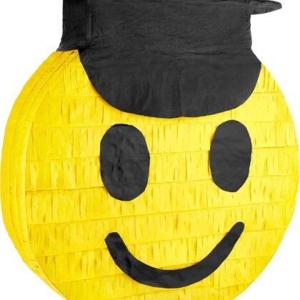 Congrats Grad Smiley Face Emoji Pinata - Piñatas for Graduation, Cinco de Mayo, Coco Themed Parties for Kids - High Quality Paper - Easy to Fill with Candy and Favors - Mexican Party Decorations