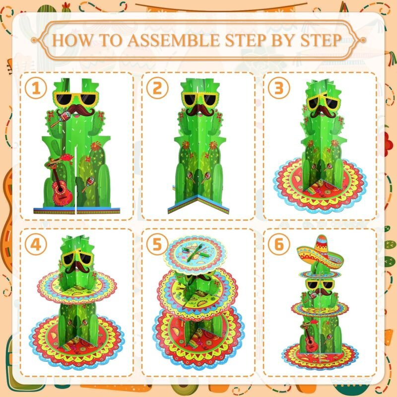 3-Tier Mexican Fiesta Cupcake Stand - 18 Inches Tall, Cactus and Sombrero Design Dessert Stand Holder Display for Cinco de Mayo, Taco Party Supplies, Birthday, and Mexican Theme Decorations - Image 4
