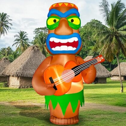 TURNMEON 6 FT Inflatable Tiki Playing Guitar Outdoor Luau Hawaiian Tropical Party Decoration, Built-in LED Lights Blow up Tiki Man Bar Decor for Yard Lawn Garden Beach Summer Pool Party Favor Supplies