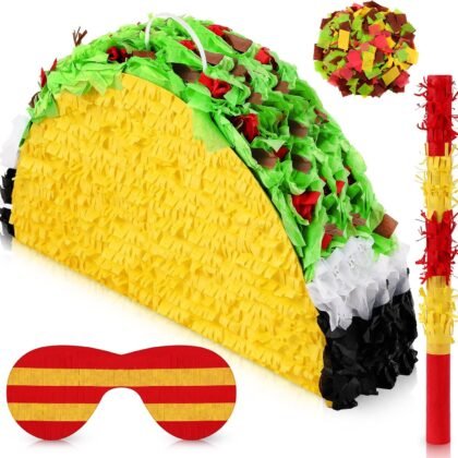 Mini Taco Piñata Mexican Decorations Taco Party Supplies Fiesta Cinco De Mayo Party Decorations with Wooden Stick Paper Blindfold Confetti Set for Adults Girls and Boys, 15.8x 10.3 x 2.8 Inch