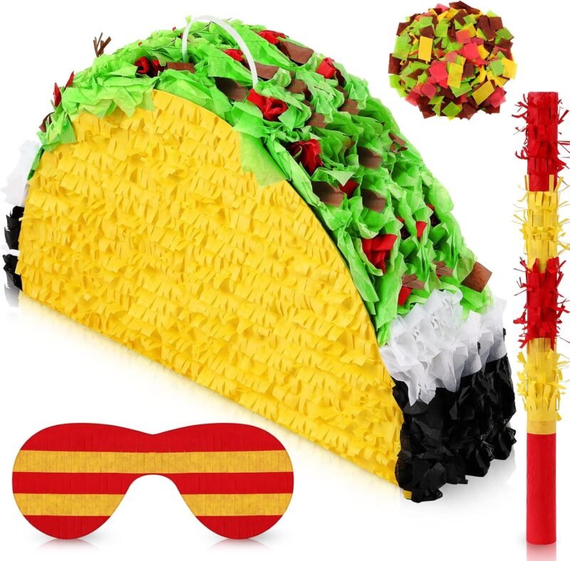 Mini Taco Piñata Mexican Decorations Taco Party Supplies Fiesta Cinco De Mayo Party Decorations with Wooden Stick Paper Blindfold Confetti Set for Adults Girls and Boys, 15.8x 10.3 x 2.8 Inch