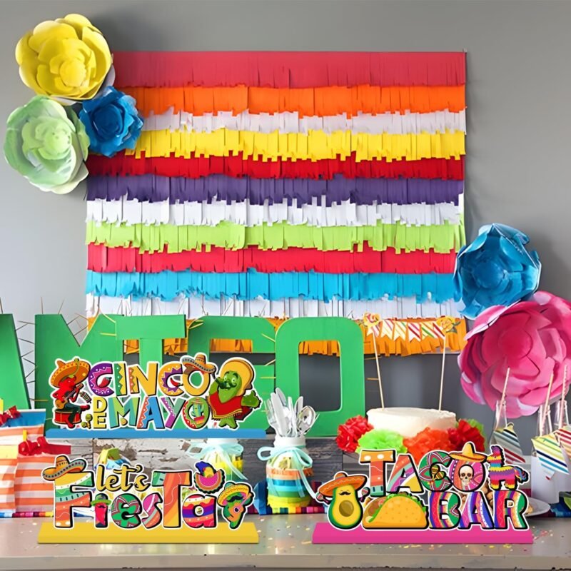 4Pcs Cinco De Mayo Decorations Wooden Centerpiece Happy Cinco De Mayo Party Decorations Fiesta 5 De Mayo Table Topper Photo Props For Mexican Fiesta Party Tiered Tray Decor - Image 5