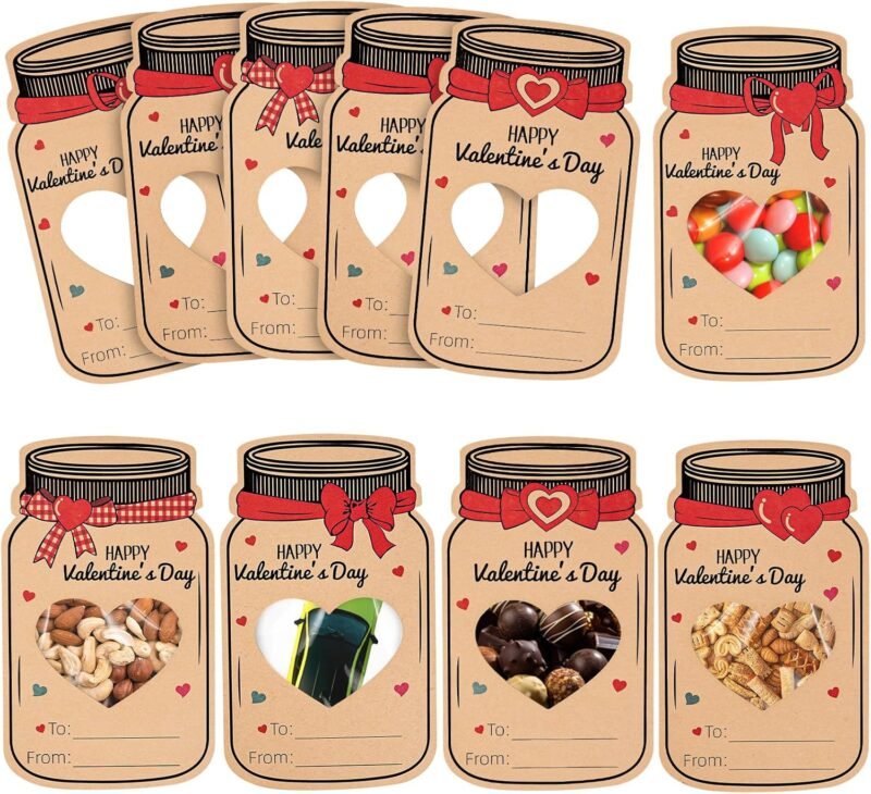 Valentines Day Gifts for Kids 60Pack Mason Jar Happy Valentines Cards Valentine Exchange Cards for Boys Girls School Class Classroom Party Favors (Candy Not Included)