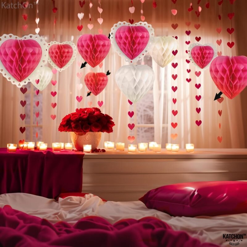 KatchOn Hanging Hearts Decorations - Pack of 9 | Honeycomb Hearts for Cupid, Anniversary, Wedding | Heart Honeycomb Decor - Image 4