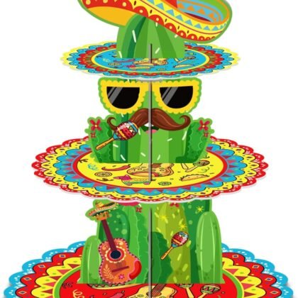 3-Tier Mexican Fiesta Cupcake Stand - 18 Inches Tall, Cactus and Sombrero Design Dessert Stand Holder Display for Cinco de Mayo, Taco Party Supplies, Birthday, and Mexican Theme Decorations