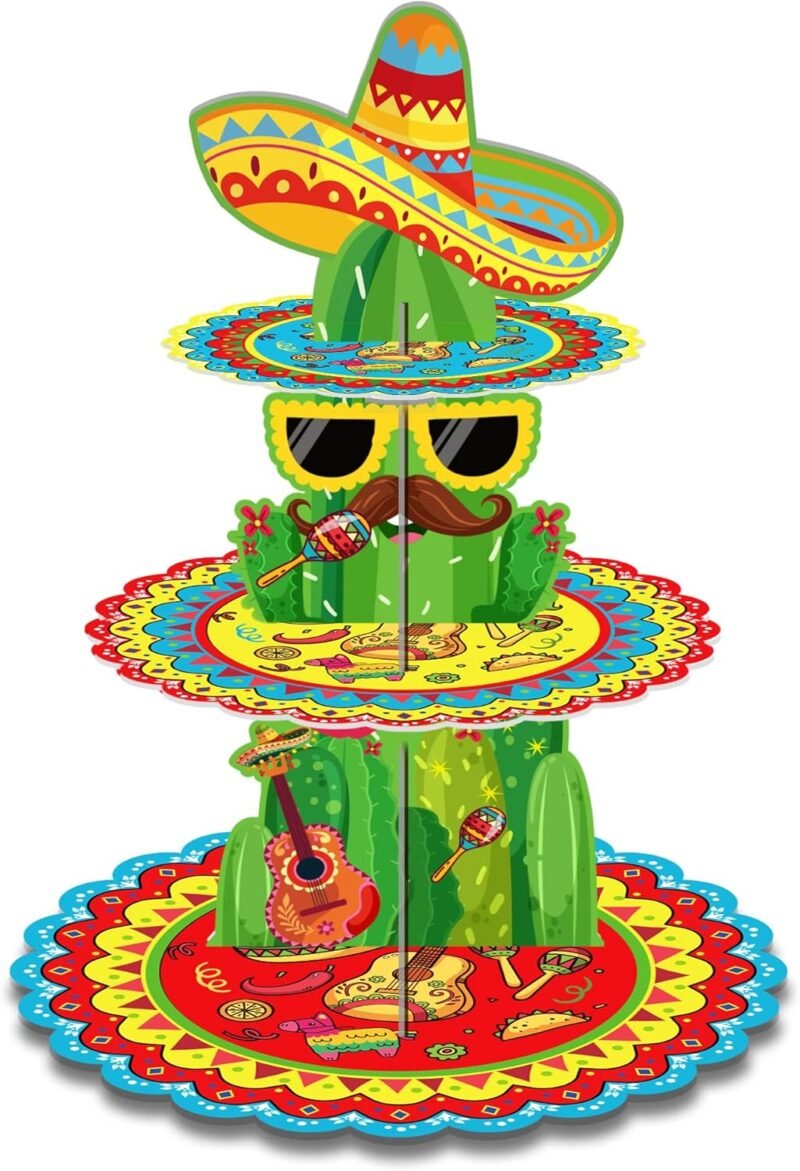 3-Tier Mexican Fiesta Cupcake Stand - 18 Inches Tall, Cactus and Sombrero Design Dessert Stand Holder Display for Cinco de Mayo, Taco Party Supplies, Birthday, and Mexican Theme Decorations