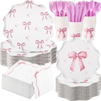 350 Pcs Bow Pink Party Supplies Tableware Set Disposable 9'' 7'' Paper Plates 9 oz Cups Cutlery Napkins Dinnerware Set for 1st Birthday, Serve 50 (Bow, Pink)
