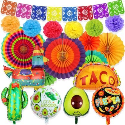 Cinco De Mayo Fiesta Party Decorations, Mexican Fiesta Party Supplies Includes Balloons, Banner, Pom Poms, Paper Fans