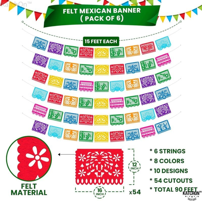 KatchOn, Xtralarge 54 Pcs Felt Mexican Party Banner - 6 Strings, 90 Feet | Felt Mexican Papel Picado Banner, Mexican Banners for Fiesta Party Decorations | Fiesta Flags for Mexican Party Decorations - Image 2