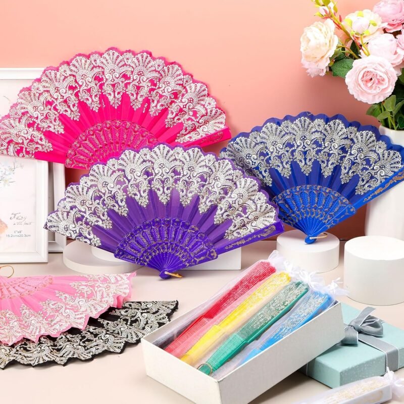 Geetery 50 Pcs Floral Folding Fan Chinese Style Silk Fabric Folding Hand Fan Vintage Flower Patterns Handheld for Wedding Party Favors Home(Fresh Colors) - Image 2