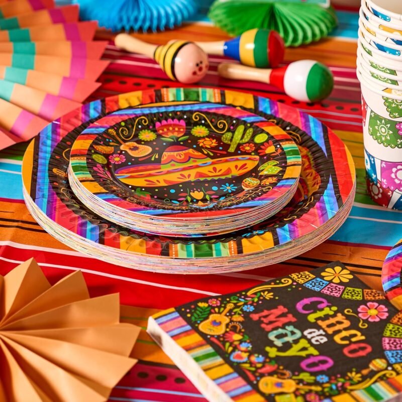 JOYIN 168 Pcs Fiesta Party Decorations, Mexican Theme Paper Plates and Napkins Set for 24 Guests, Cinco De Mayo Colorful Mexico Platters Tableware Set, Mayo Dance Pinata Taco Colorful Theme Party - Image 7