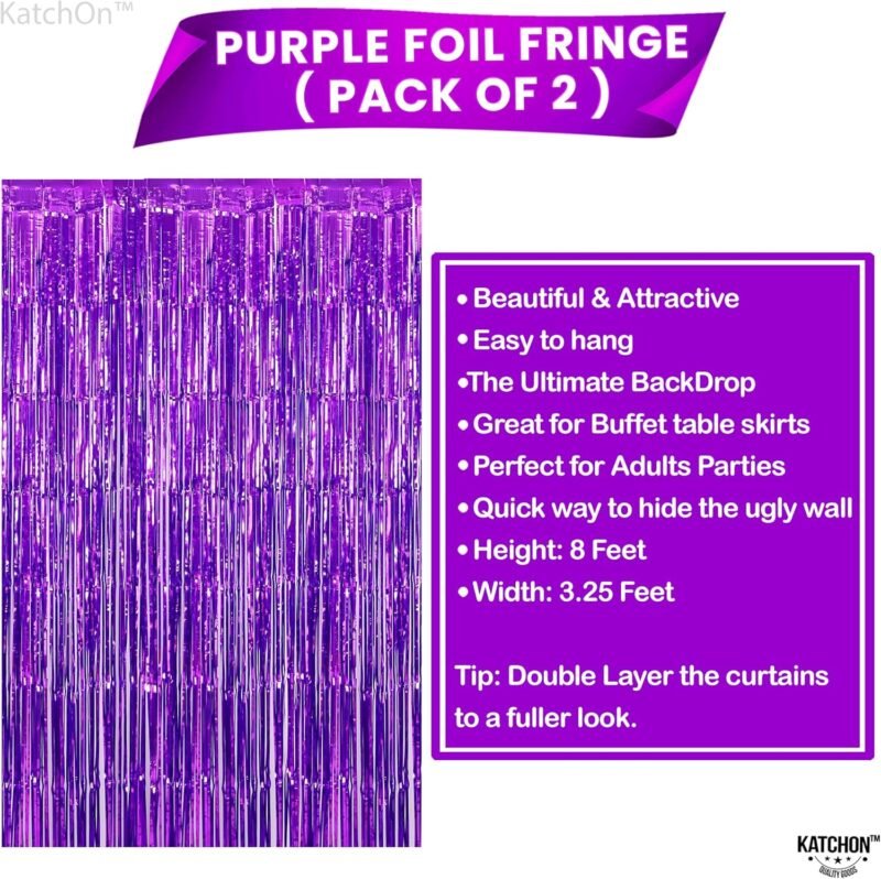 KatchOn XtraLarge Purple Backdrop Curtain - 3.2x8 Feet, Pack of 2 | Party Decorations | Metallic Foil Fringe for Streamers | Halloween Decorations - Image 2