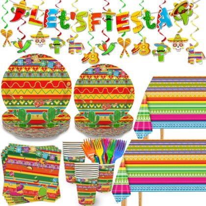 165 Pcs Cinco De Mayo Dcecorations Fiestas Party Decorations Mexican Tableware Set Serves 30, Include Plates, Napkins, Cups, Forks, Hanging Swirls, Tablecloths, Banner for Taco Tuesday Party Supplies
