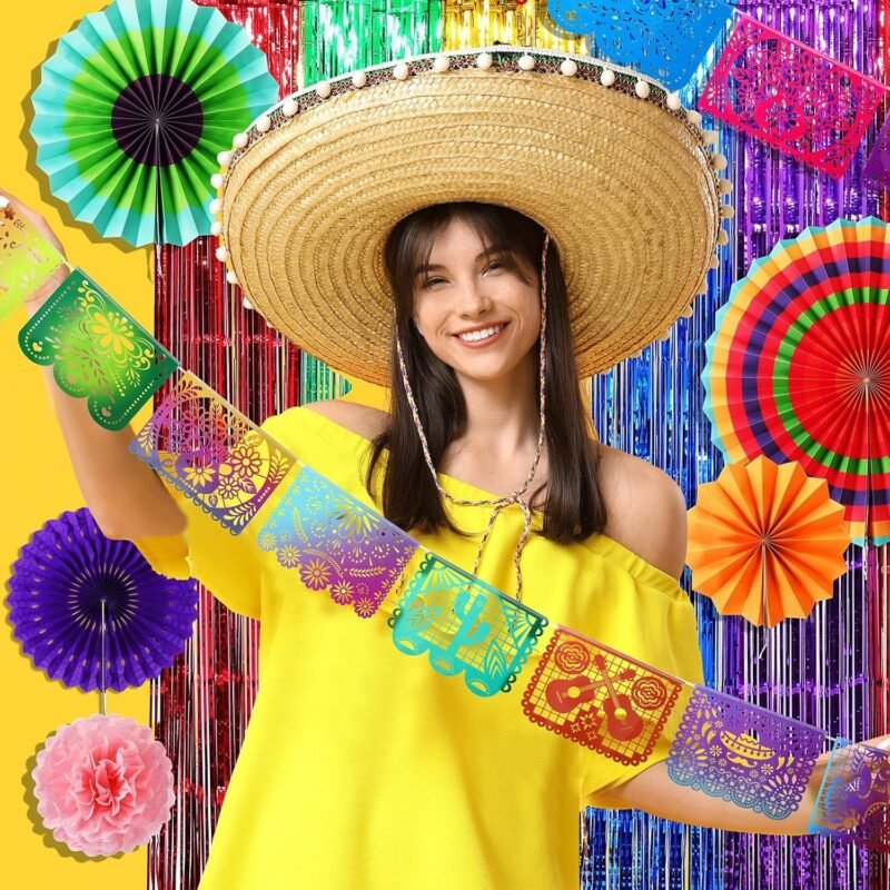 TaoBary 22 Pcs Mexican Party Decorations Set Mexican Banners Paper Flowers Fans Foil Fringe Curtains Backdrop Paper Pom Pom Fiesta Party Decorations for Cinco De Mayo Day of the Dead Decor - Image 7