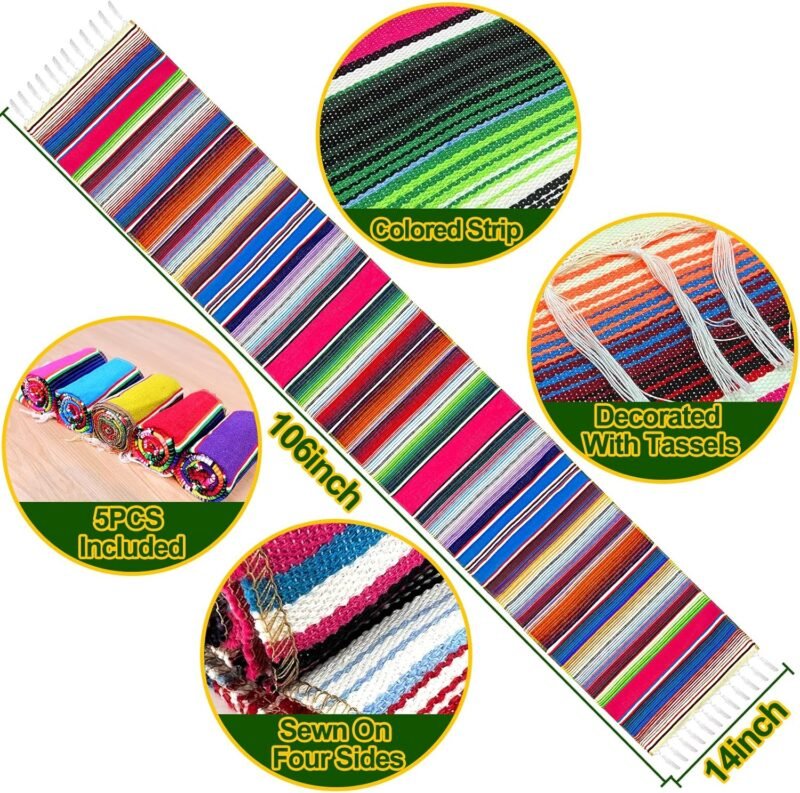 TURNMEON 5 Pack Mexican Table Runner 14 x 106 Inch Large Cinco de Mayo Decorations Serape Table Runners for Fiesta Party Decorations Mexican Theme Party Supplies Fun Taco Tuesday Birthday Carnivals - Image 2