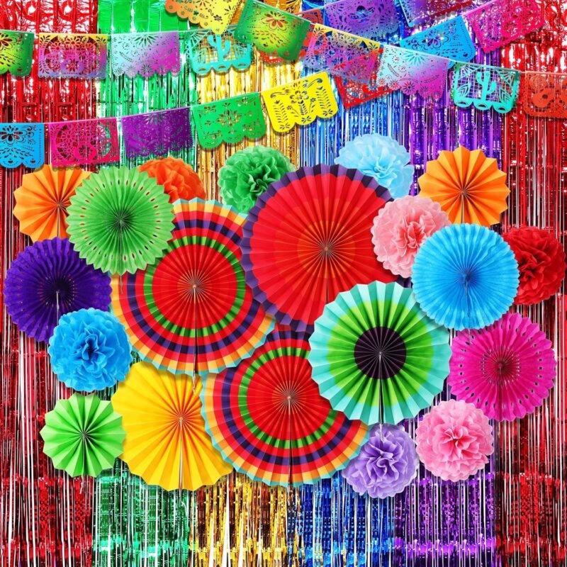 TaoBary 22 Pcs Mexican Party Decorations Set Mexican Banners Paper Flowers Fans Foil Fringe Curtains Backdrop Paper Pom Pom Fiesta Party Decorations for Cinco De Mayo Day of the Dead Decor