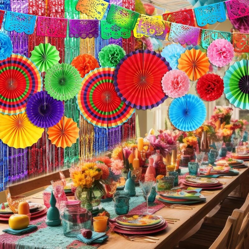 TaoBary 22 Pcs Mexican Party Decorations Set Mexican Banners Paper Flowers Fans Foil Fringe Curtains Backdrop Paper Pom Pom Fiesta Party Decorations for Cinco De Mayo Day of the Dead Decor - Image 5