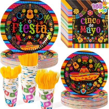 JOYIN 168 Pcs Fiesta Party Decorations, Mexican Theme Paper Plates and Napkins Set for 24 Guests, Cinco De Mayo Colorful Mexico Platters Tableware Set, Mayo Dance Pinata Taco Colorful Theme Party