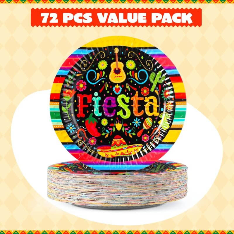 JOYIN 72 Pcs Mexican Fiesta Paper Plates 9” set for Cinco De Mayo Disposable Fiesta Party Decorations Mexican Colorful Floral Platters Tableware Set, Pinata Mexico Taco Dinner Dance Party Supplies - Image 2