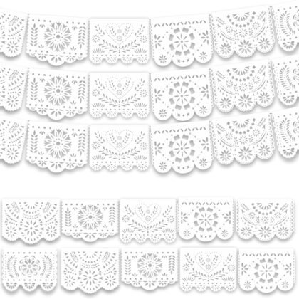 VIVANCO Papel PICADO White Papel picado Banner (Pack of 5 Plastic Flags per Banner), Mexican White Banners for Parties and Weddings, Mexican Themed Party Decorations, Papel picado (White)