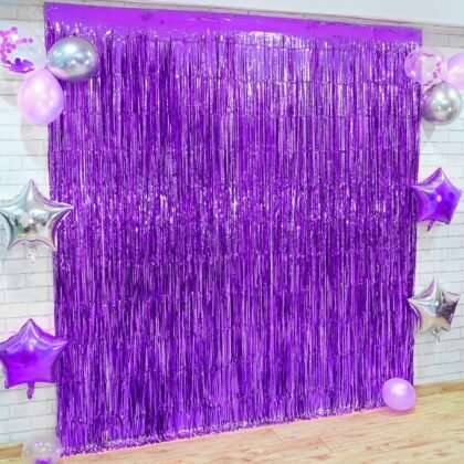 KatchOn XtraLarge Purple Backdrop Curtain - 3.2x8 Feet, Pack of 2 | Party Decorations | Metallic Foil Fringe for Streamers | Halloween Decorations