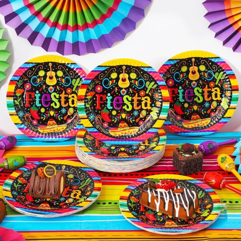JOYIN 72 Pcs Mexican Fiesta Paper Plates 9” set for Cinco De Mayo Disposable Fiesta Party Decorations Mexican Colorful Floral Platters Tableware Set, Pinata Mexico Taco Dinner Dance Party Supplies - Image 7