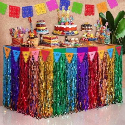 Cinco de Mayo Decorations, 4 Pack Fiesta Party Wavy Metallic Tinsel Foil Fringe Table Skirts with (2 style) Fiesta Felt Banner, Fiesta Decorations for Mexican Taco Muertos Birthday Party Table Decor
